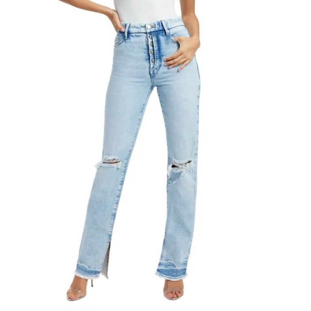 Good American Good Boy Ripped High Waist Side Slit Raw Hem Jeans in Indigo 340